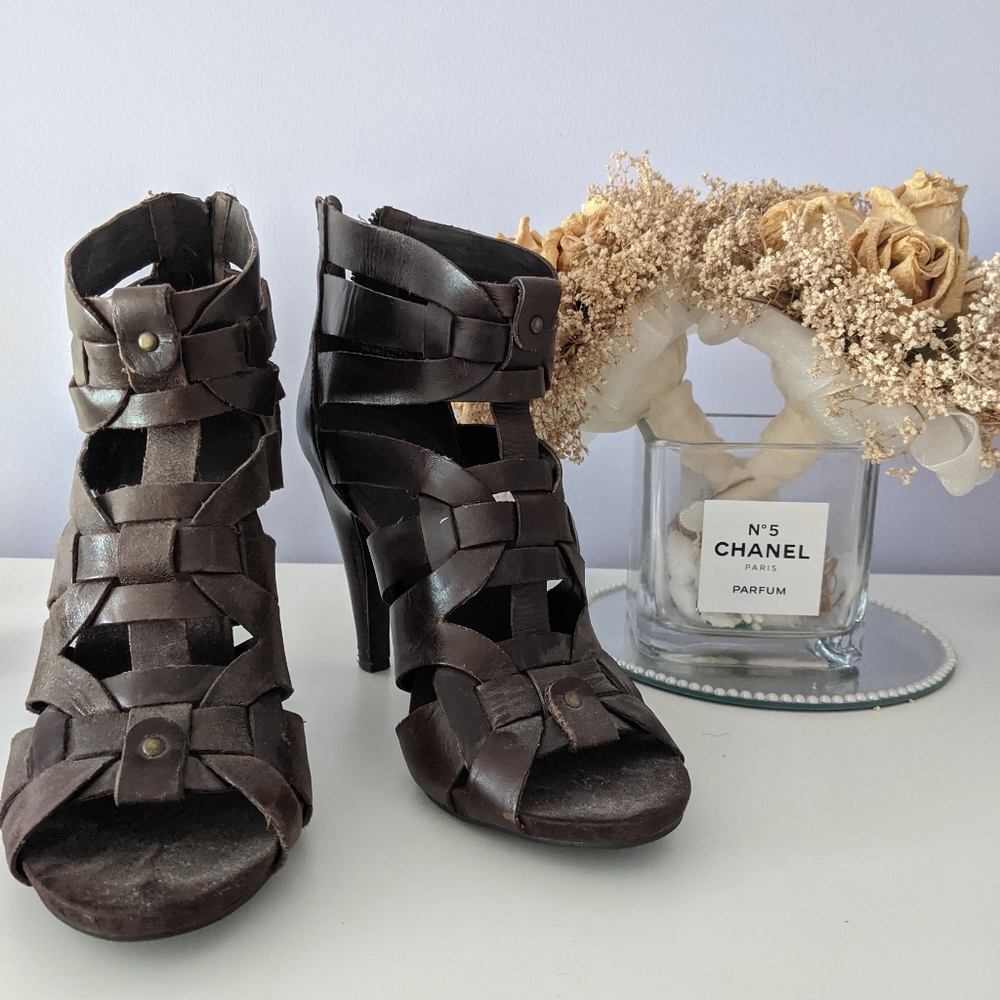 Authentic brown leather grungy sandals